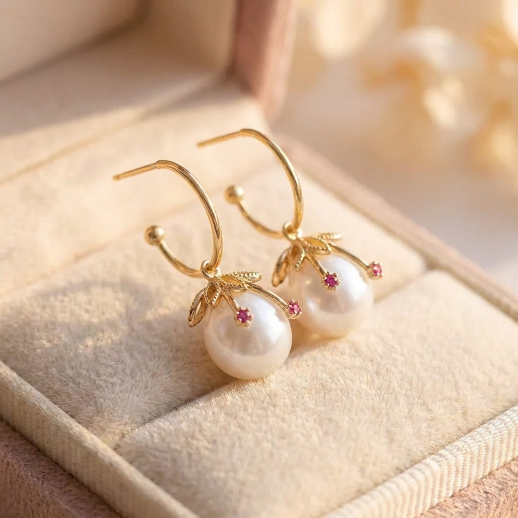 Vintage Gold & Pearl Cherry Earrings