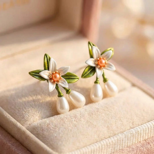 White Flower Pearl Drop Earrings