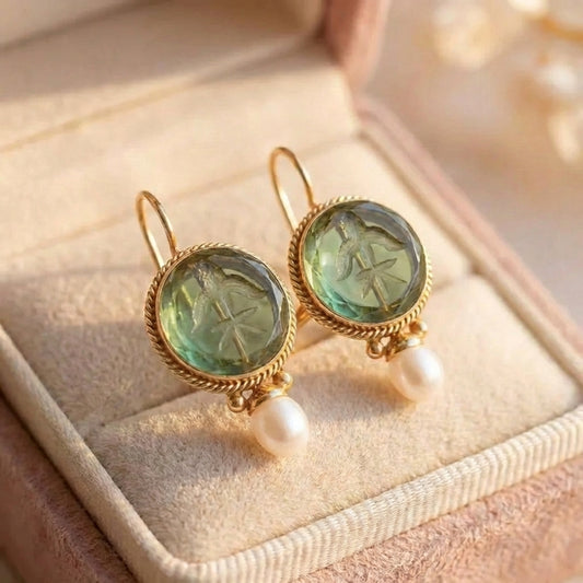 Vintage Rounded Green Stone Pearl Earrings