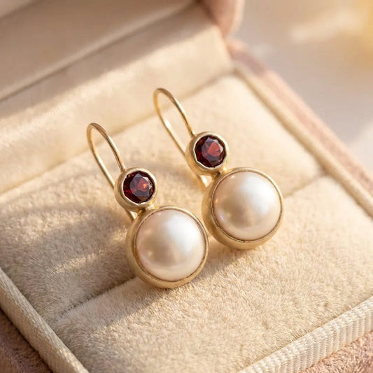Vintage Pearl & Red Crystal Earrings