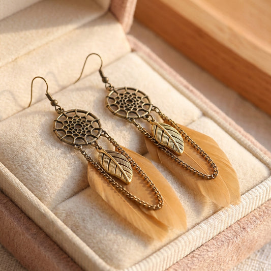 Bohemian Dream Catcher Feather Long Earrings