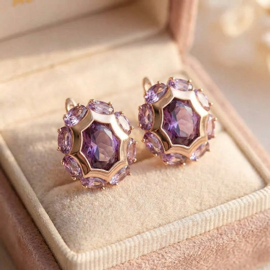 Rounded Violet Zirconia Gold Earrings