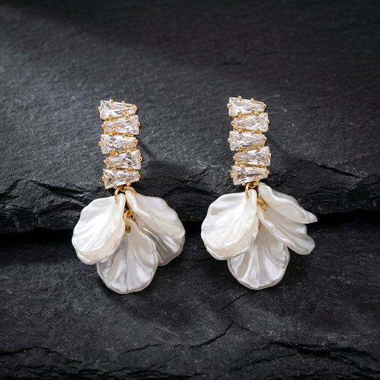 Elegant Gold Petal Earrings In White