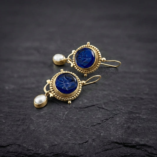 Vintage Blue Pearl Gold Earrings