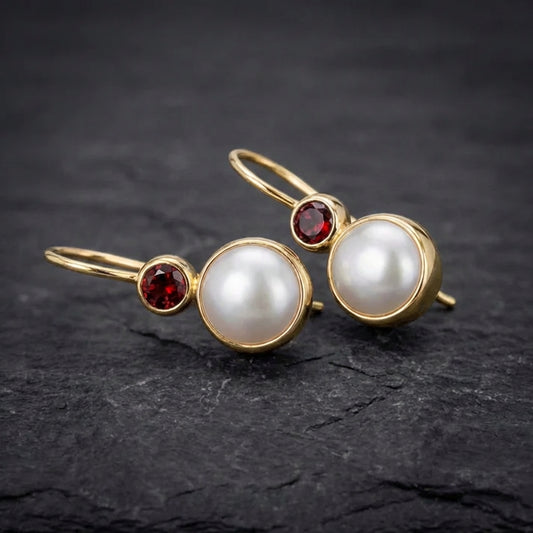Vintage Pearl & Red Crystal Earrings