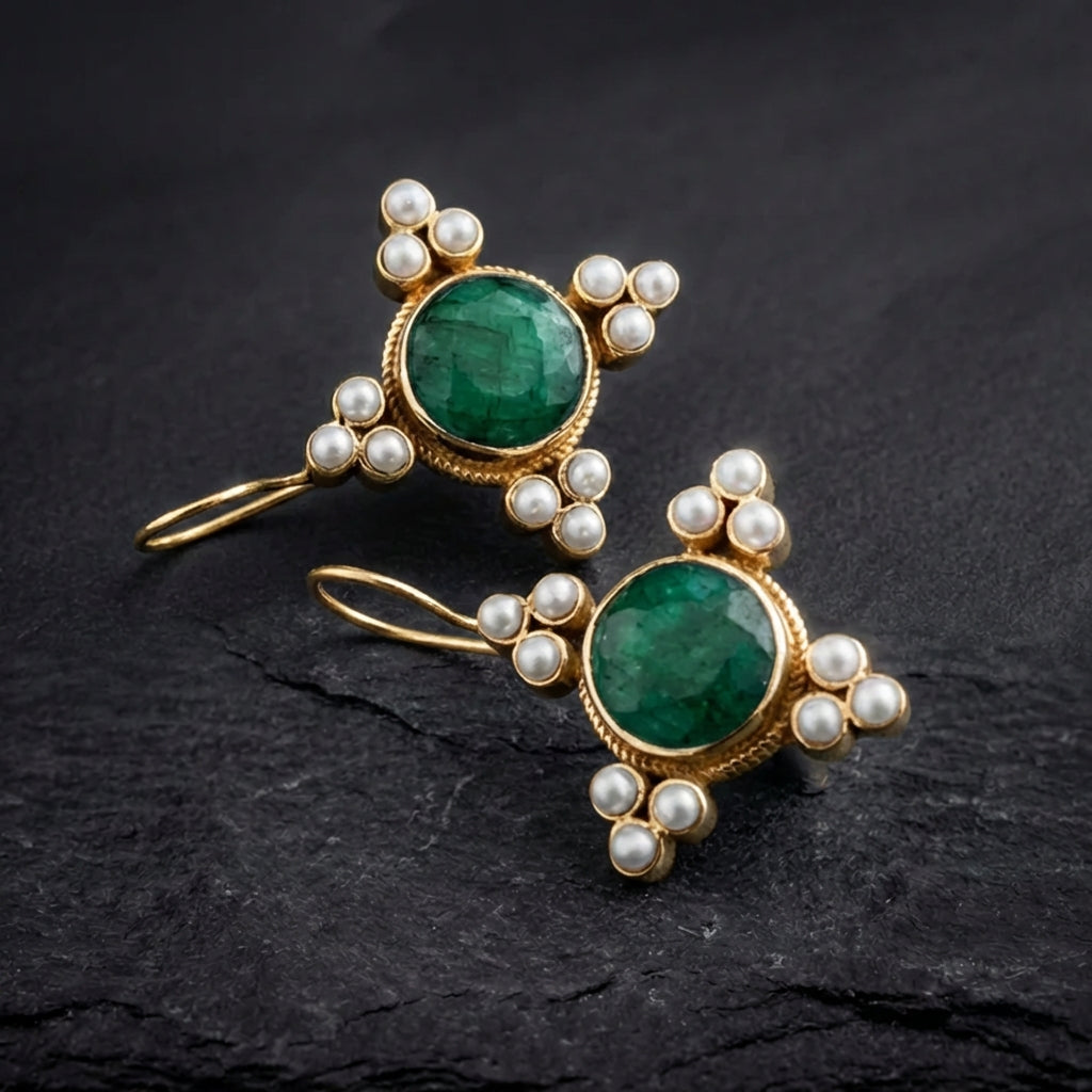 Vintage Green Crystal & Pearls Earrings