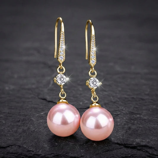 Luxury Zircon Pink Pearl Dangle Earrings