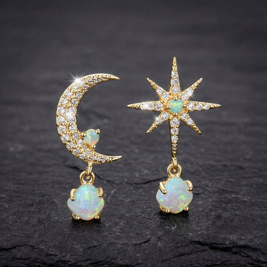 Moon And Star Earrings Made Of Gold And Opal