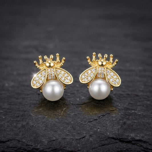 Pearl And Zirconia Bee Earrings In Gold