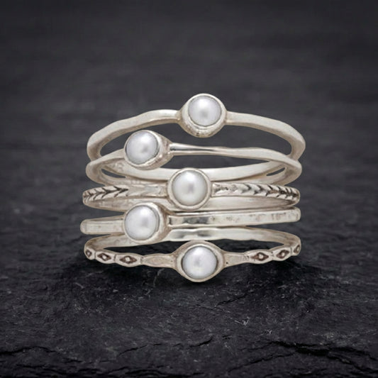 Vintage Inlaid Pearls Layered Silver Ring