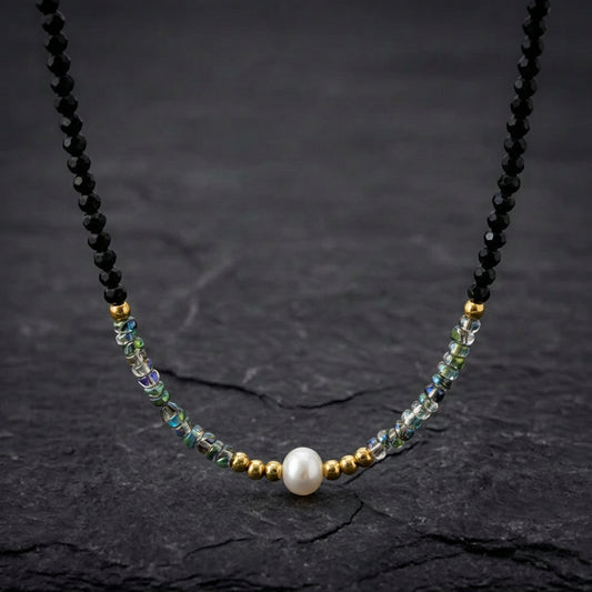 Gold & Pearl Black Bead Necklace