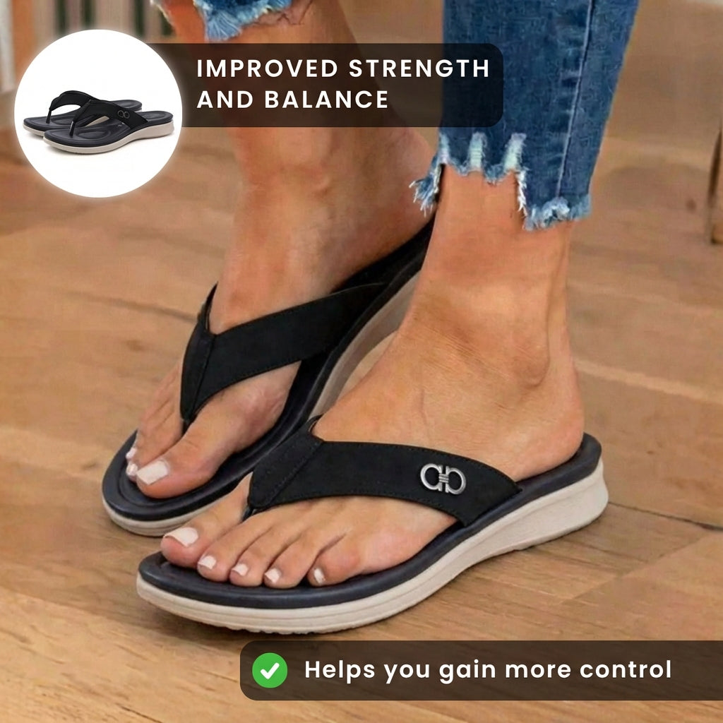 Orthopedic Leather Flip Flops - Thong Style Design & Gold Accent Hardware