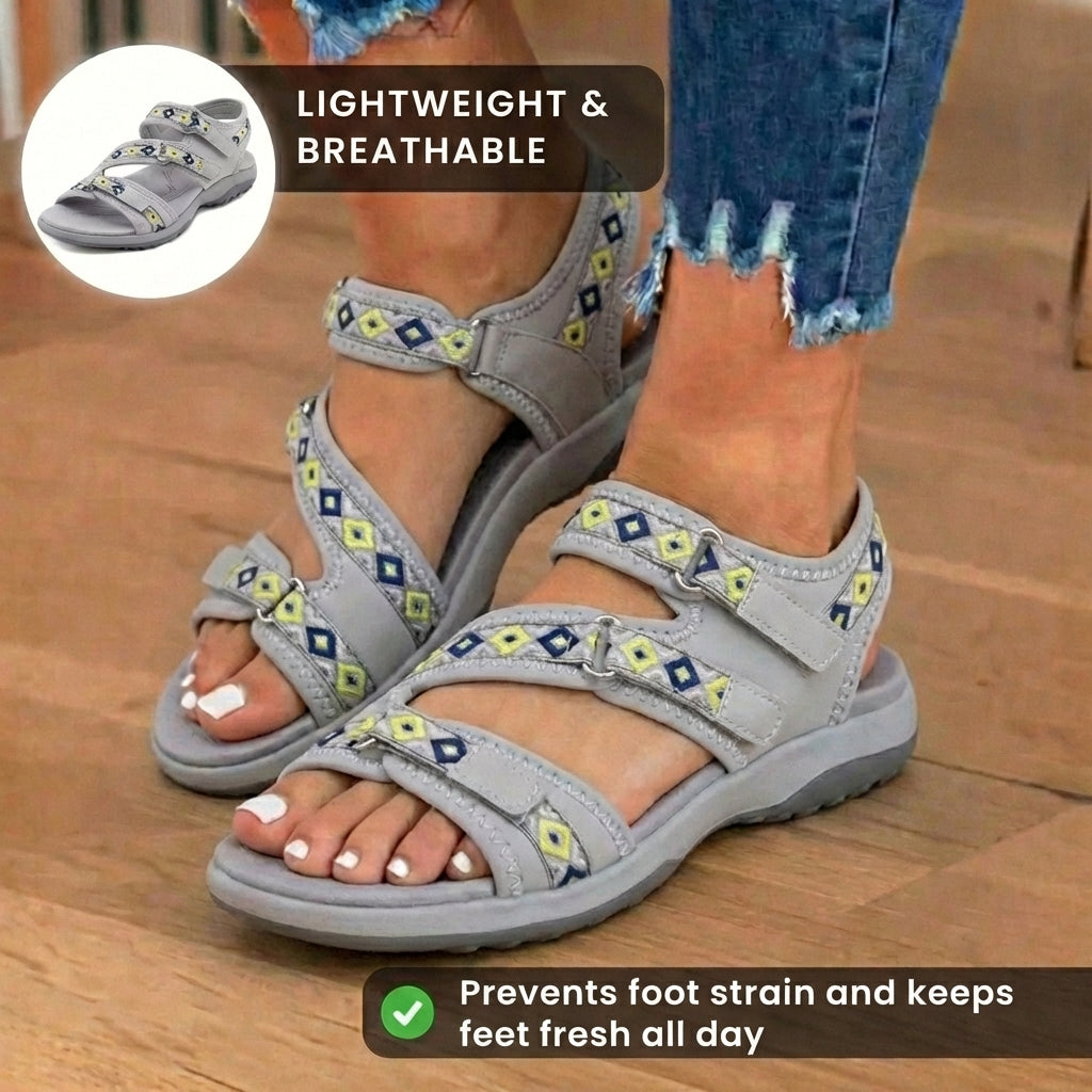 Orthopedic Synthetic Sandals - Tribal Print Straps & Multi-Adjustable Buckle Closure