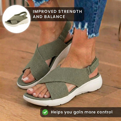 Orthopedic Knit Fabric Sandals - Crossover Strap Design & Platform Cushioned Sole