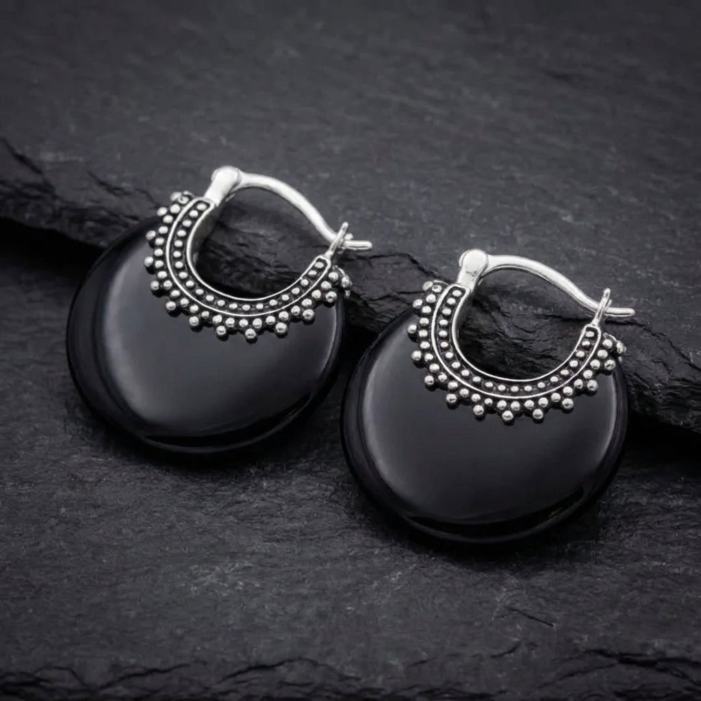 Vintage Black Onyx Hoop Earrings 79097261