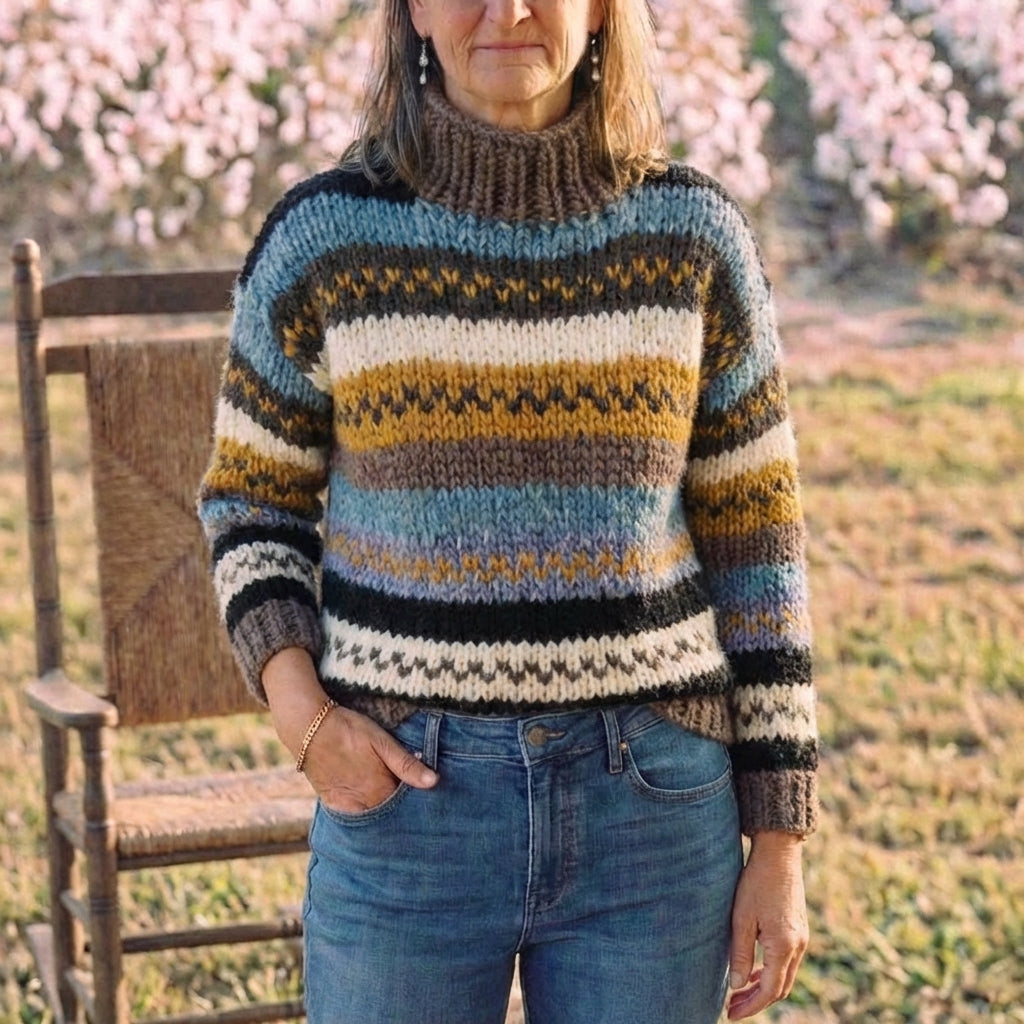Cotton Sweater with Chevron Stripes Brown-Orange