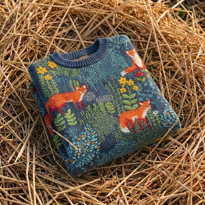Cotton Sweater Navy with Fox & Forest Pattern