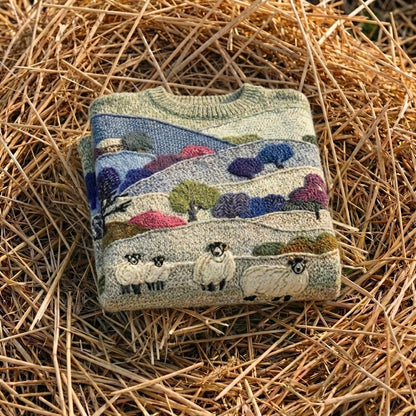 Cotton Sweater Blue & Green with Landscape & Sheep Pattern