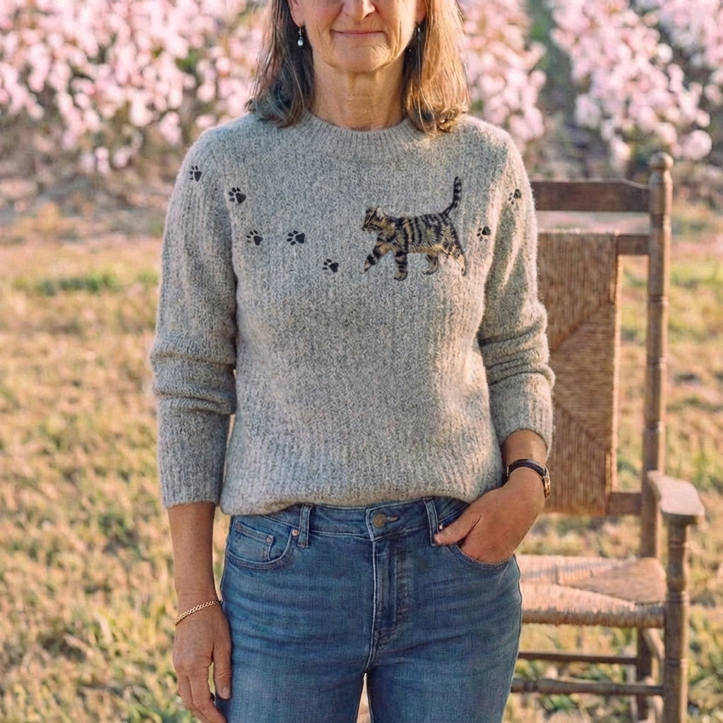 Cotton Sweater Gray with Kitten & Paw Prints