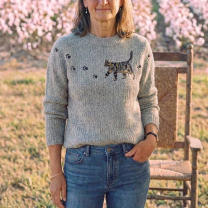 Cotton Sweater Gray with Kitten & Paw Prints