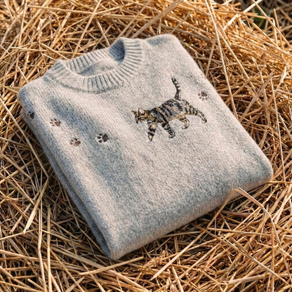 Cotton Sweater Gray with Kitten & Paw Prints