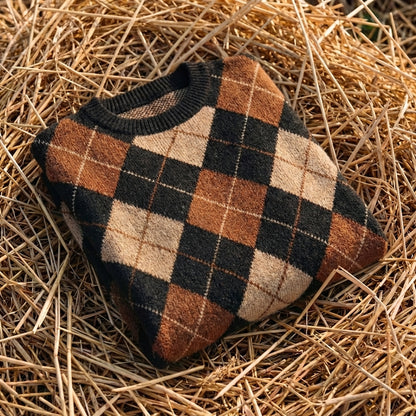 Cotton Sweater with Diamond Pattern Brown-Black