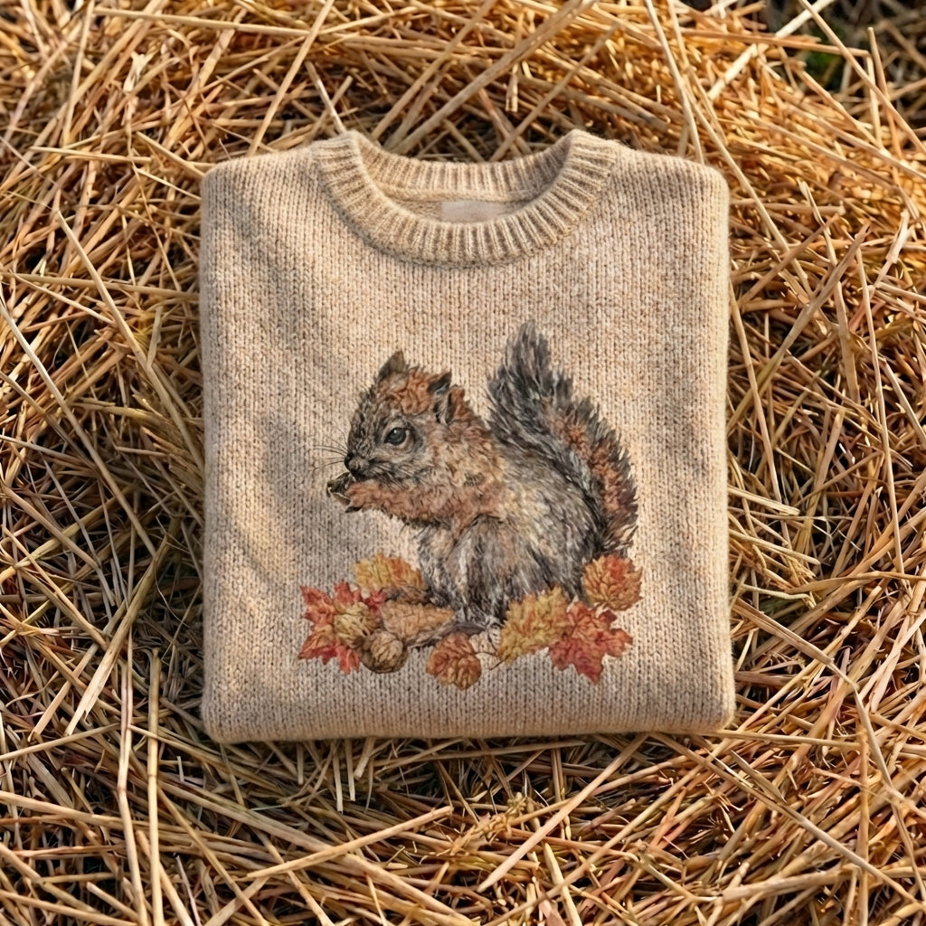 Cotton Sweater Cream with Squirrel & Autumn Leaves
