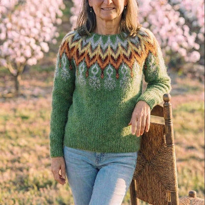 Cotton Sweater Green with Chevron V-Pattern