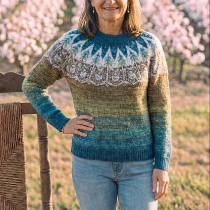 Cotton Sweater with Gradient Nordic Pattern Blue