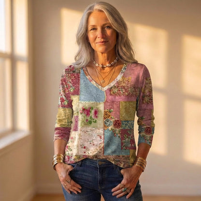 Top Multicolor With Patchwork Rose & Floral Pattern