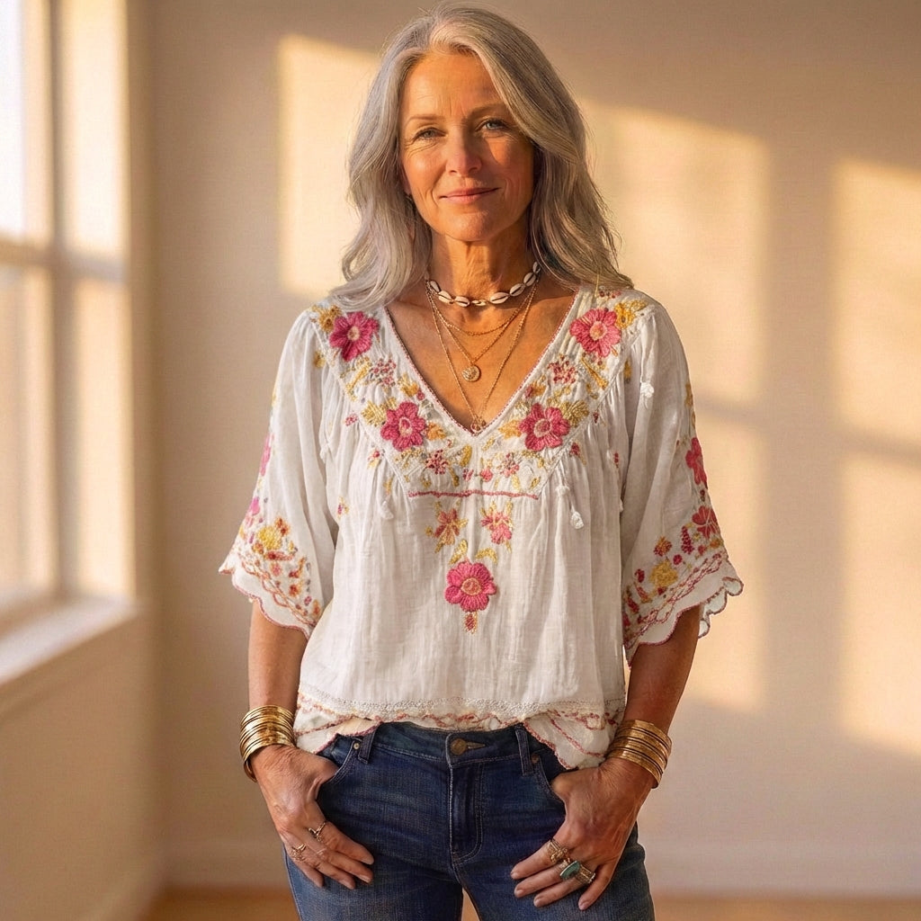 Blouse With Floral Embroidery & Crochet Trim