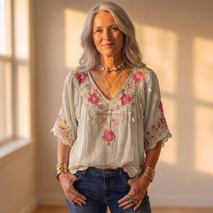 Blouse With Floral Embroidery & Crochet Trim