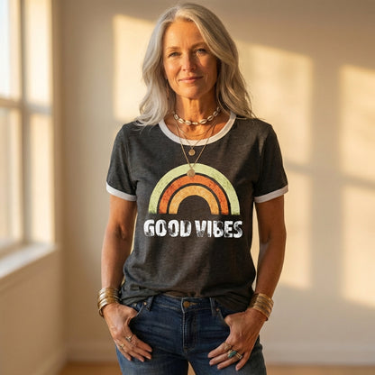 T-Shirt With Good Vibes Rainbow Graphic