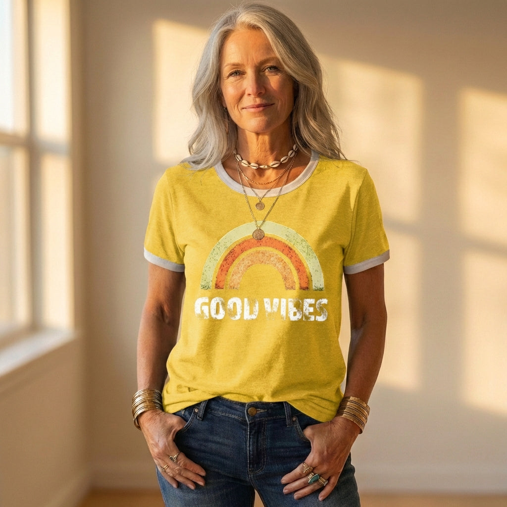 T-Shirt With Good Vibes Rainbow Graphic