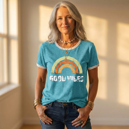 T-Shirt With Good Vibes Rainbow Graphic