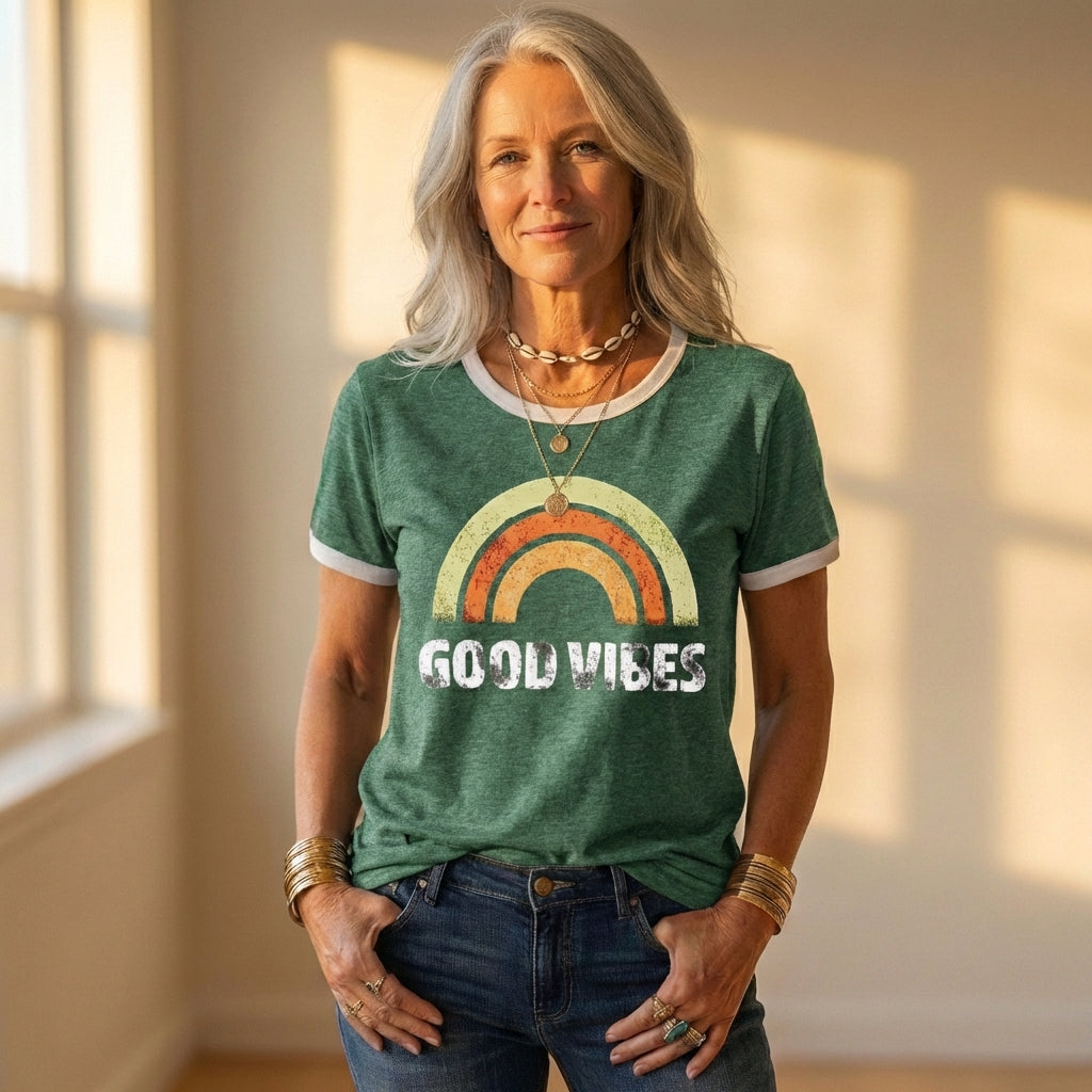 T-Shirt With Good Vibes Rainbow Graphic