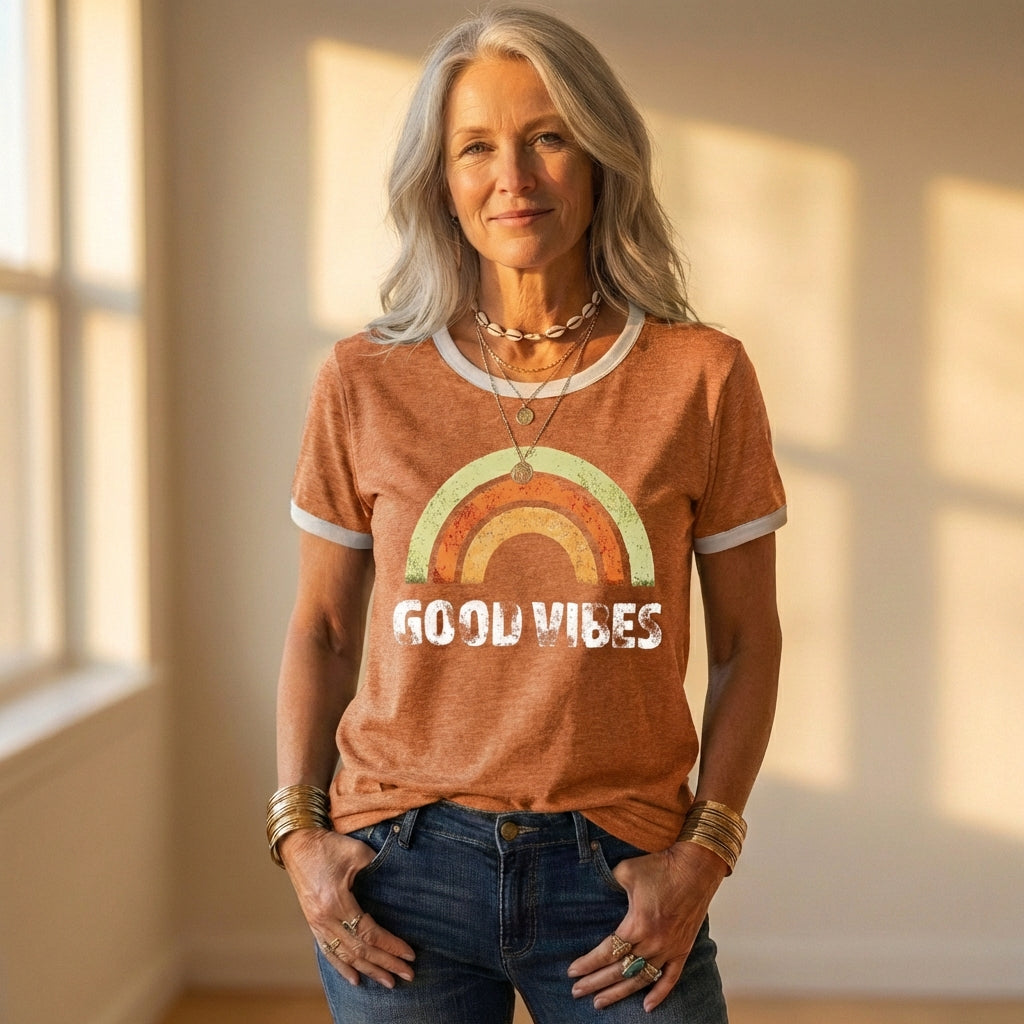 T-Shirt With Good Vibes Rainbow Graphic