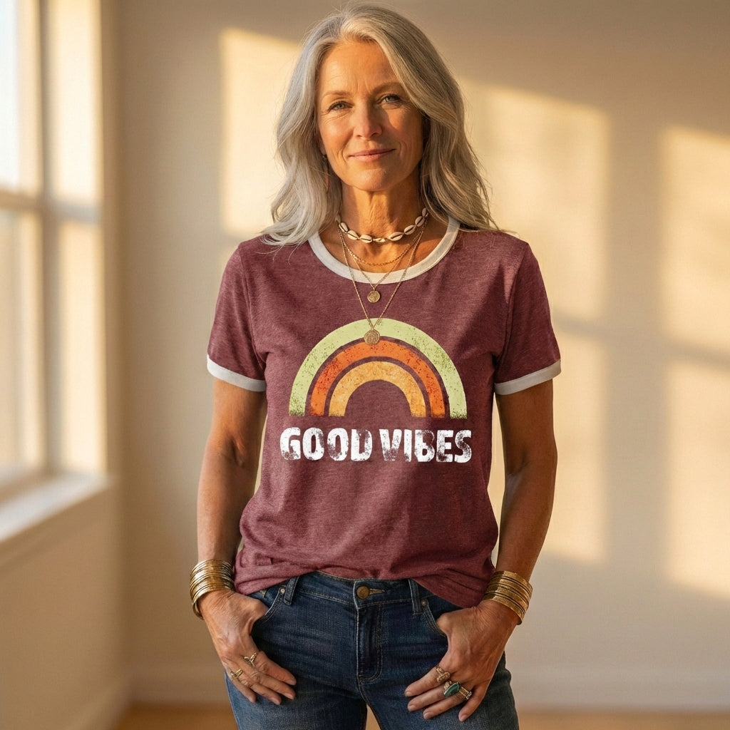 T-Shirt With Good Vibes Rainbow Graphic
