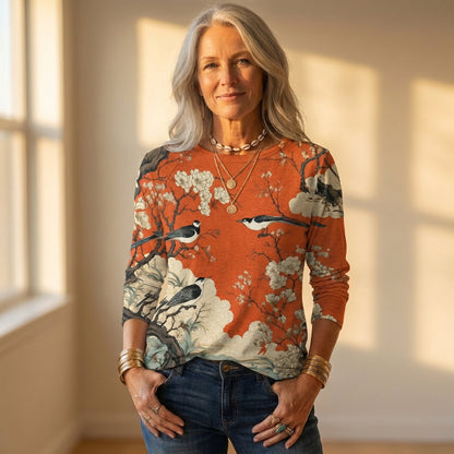 Sweatshirt With Birds & Cherry Blossom Pattern