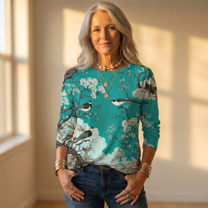 Sweatshirt With Birds & Cherry Blossom Pattern