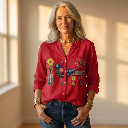Button Down Shirt With Embroidered Bird & Floral Design