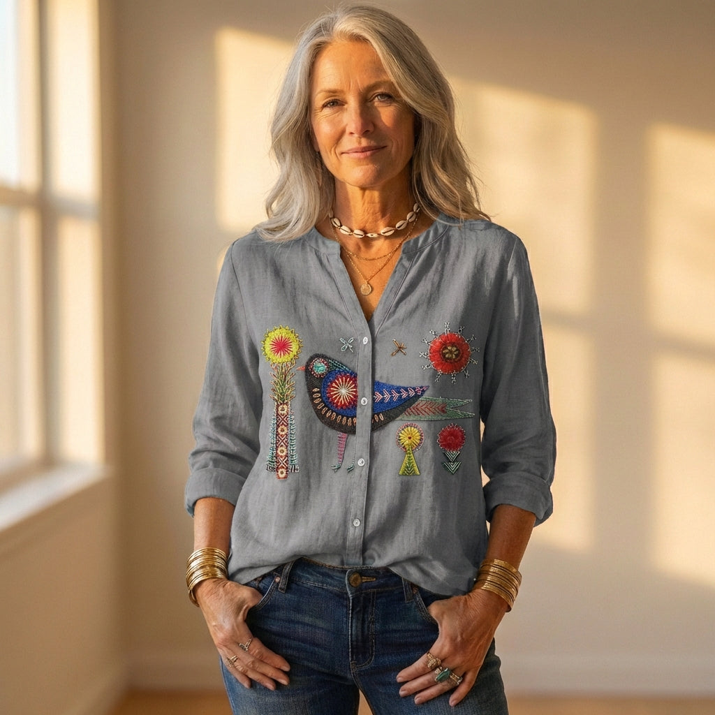 Button Down Shirt With Embroidered Bird & Floral Design
