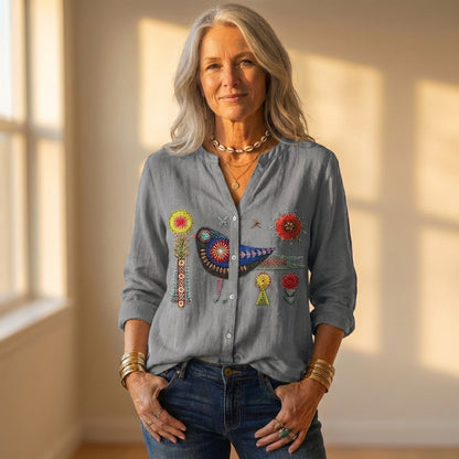 Button Down Shirt With Embroidered Bird & Floral Design