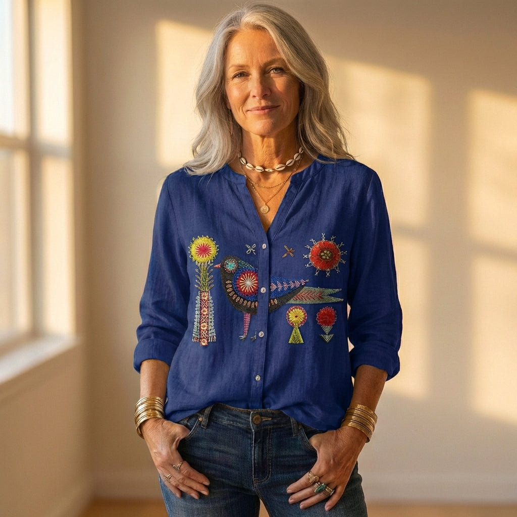 Button Down Shirt With Embroidered Bird & Floral Design