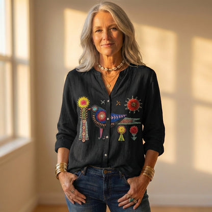Button Down Shirt With Embroidered Bird & Floral Design