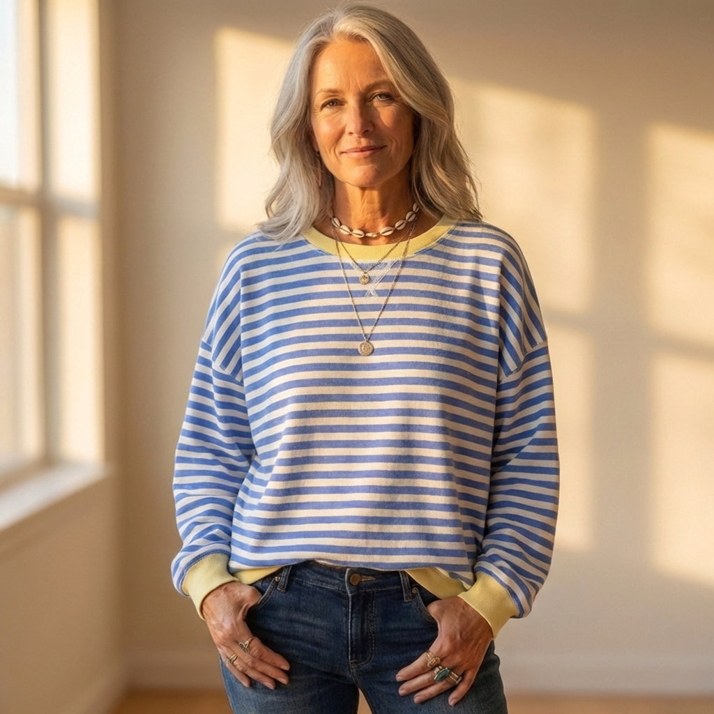 Cotton Sweater with Striped Design and Contrasting Cuff