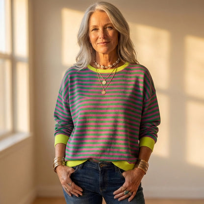 Cotton Sweater with Striped Design and Contrasting Cuff