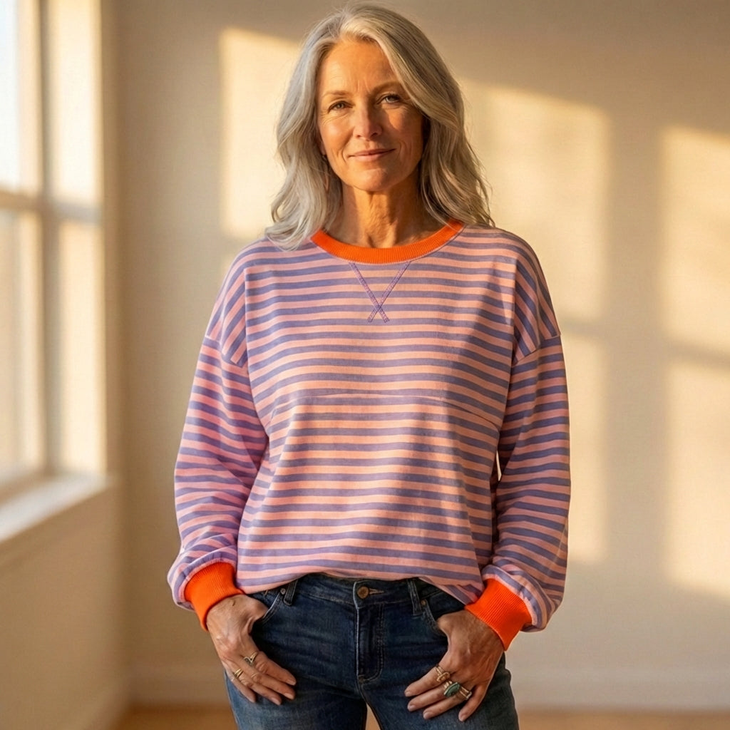 Cotton Sweater with Striped Design and Contrasting Cuff