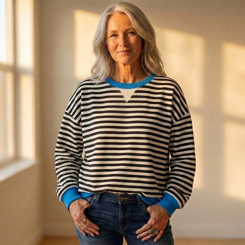 Cotton Sweater with Striped Design and Contrasting Cuff