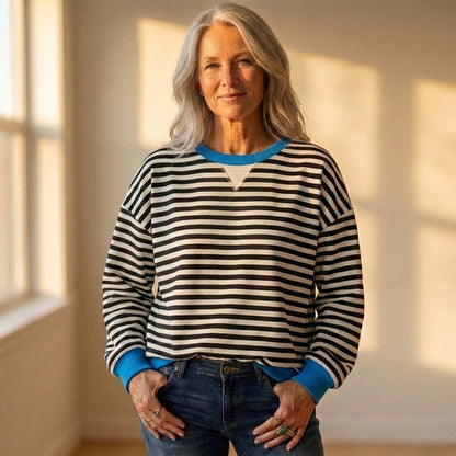 Cotton Sweater with Striped Design and Contrasting Cuff